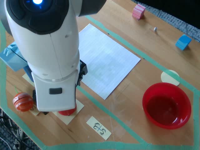 External view from the same demonstration showing the Panda arm over the red benchmark object and the surrounding tabletop scene.