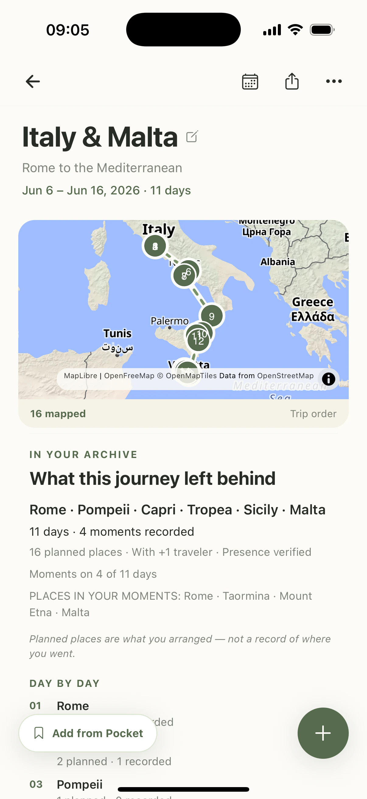Journey Memory distinguishes 4 recorded moments, 16 planned places, and presence verification. Planned places are what you arranged, not a record of where you went.