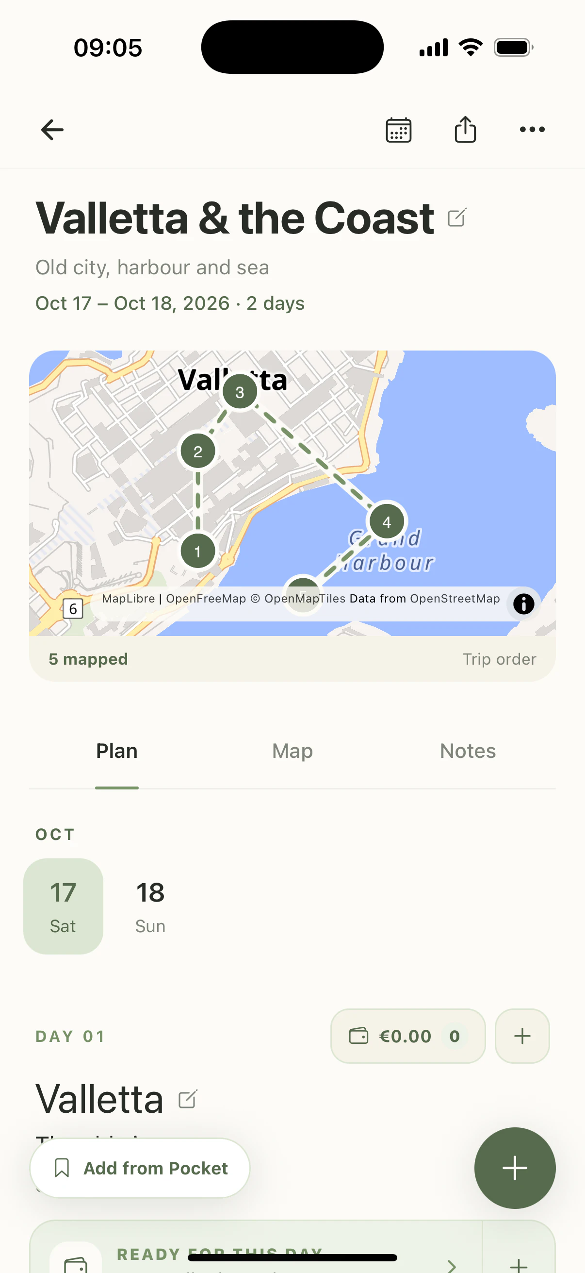 Implemented JourneyCraft Planner: Valletta and the Coast, mapped stops, Plan / Map / Notes, and a day rail.