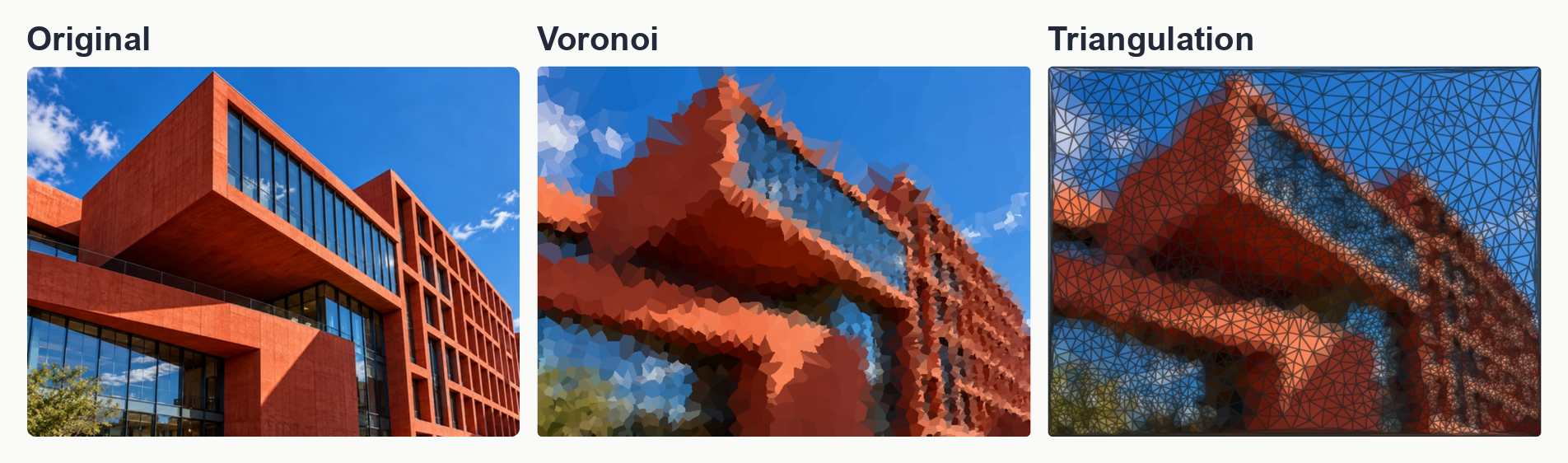 Actual Math Lens output showing one architectural image as Original, Voronoi regions, and colored Triangulation.
