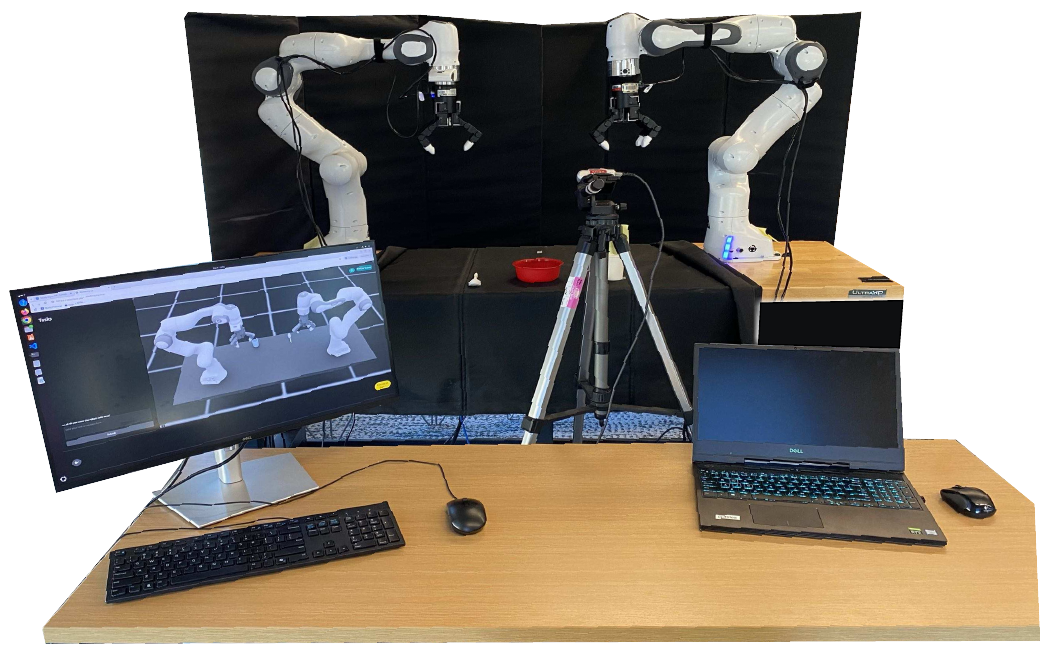 Two physical robot arms and an RGB-D camera behind the participant’s desktop interface and laptop.