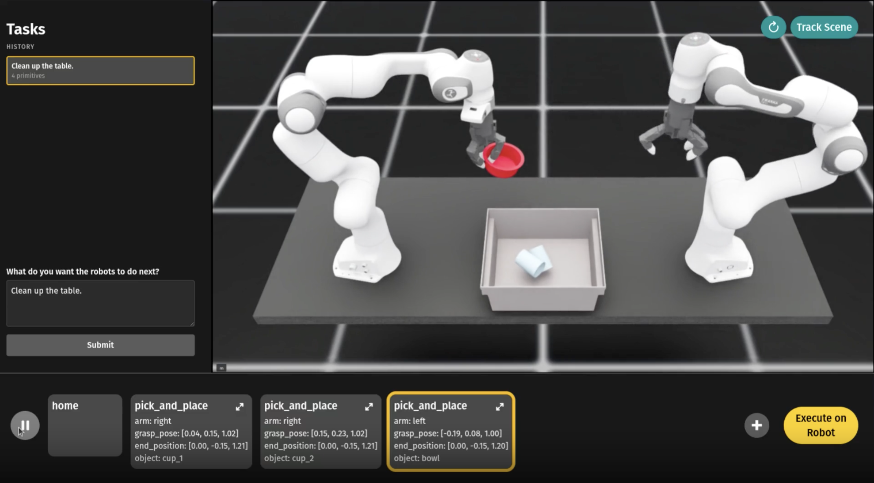 SHRIMP interface with a hierarchical primitive plan beside a simulated tabletop robot scene.