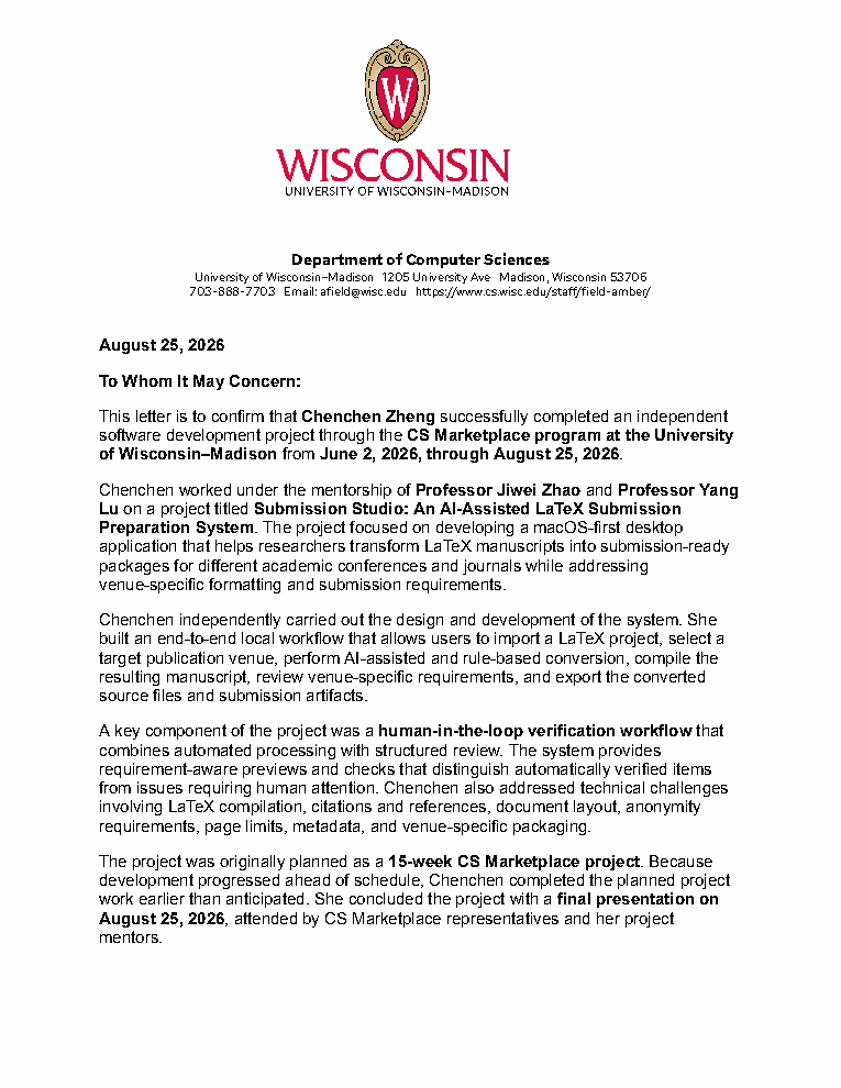 First page of the original UW–Madison CS Marketplace completion letter, dated August 25, 2026.