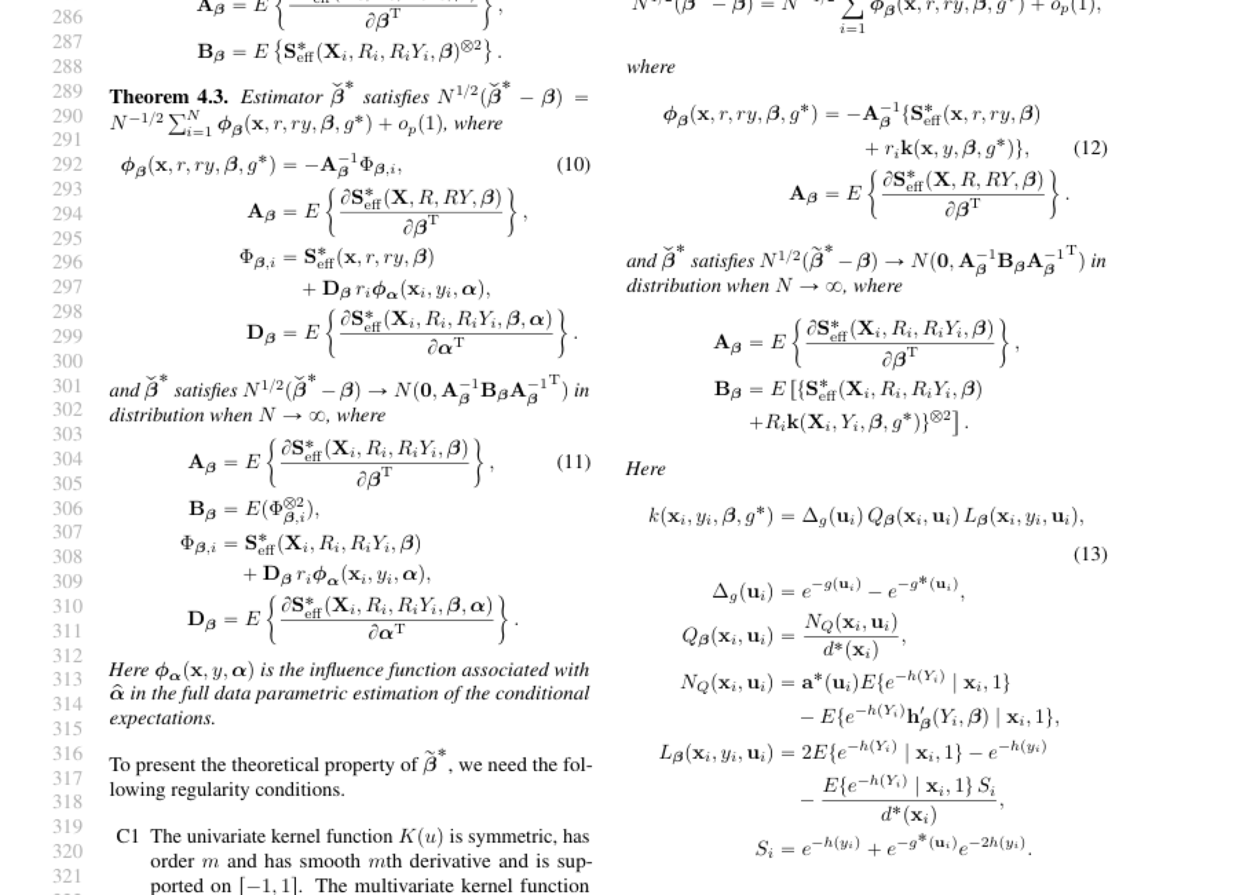 Detail of a real compiled manuscript with numbered equations and theorems arranged in two columns.