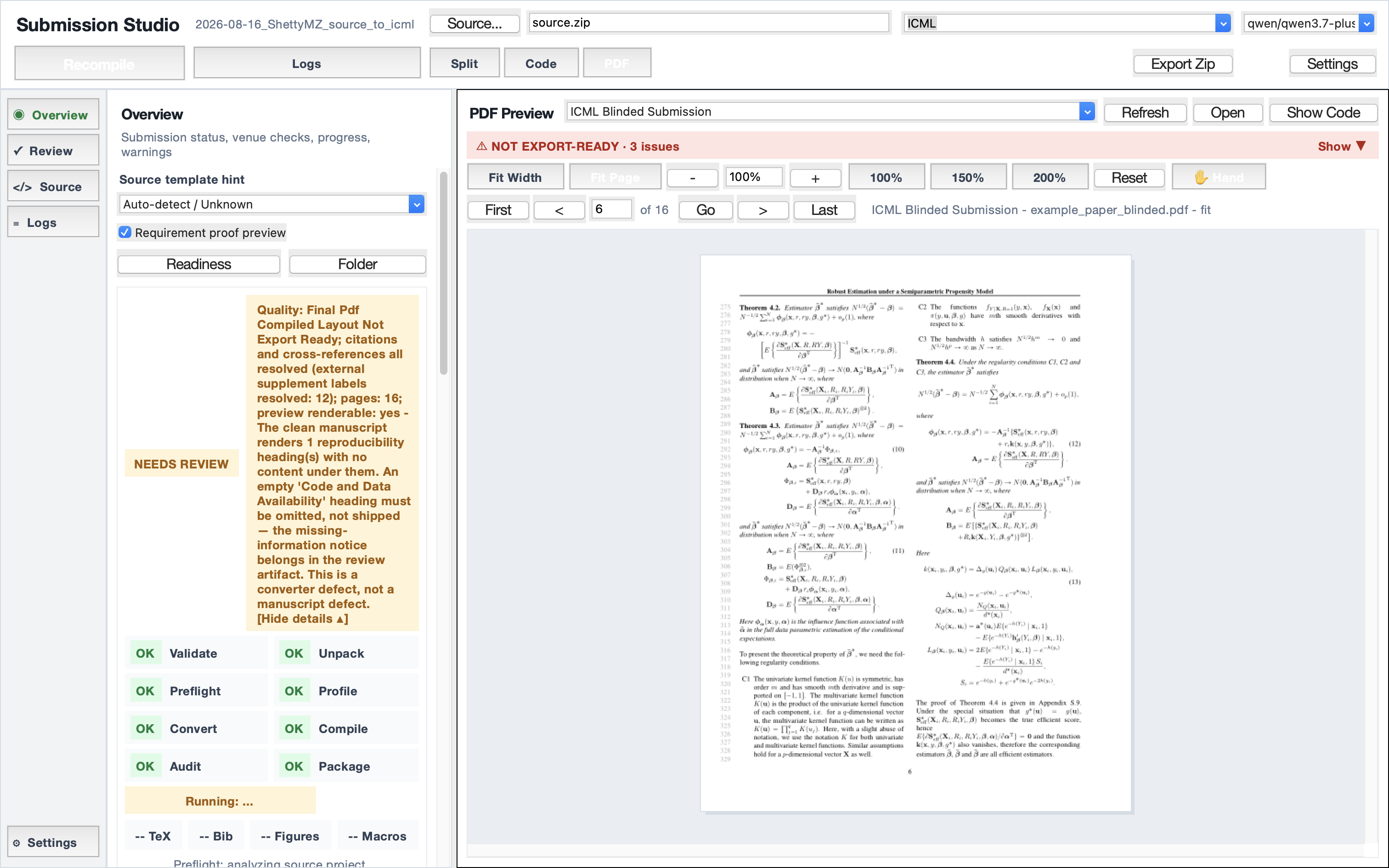 Submission Studio desktop interface with a compiled ICML blinded manuscript, passed pipeline stages, and a red NOT EXPORT-READY banner showing three unresolved issues.