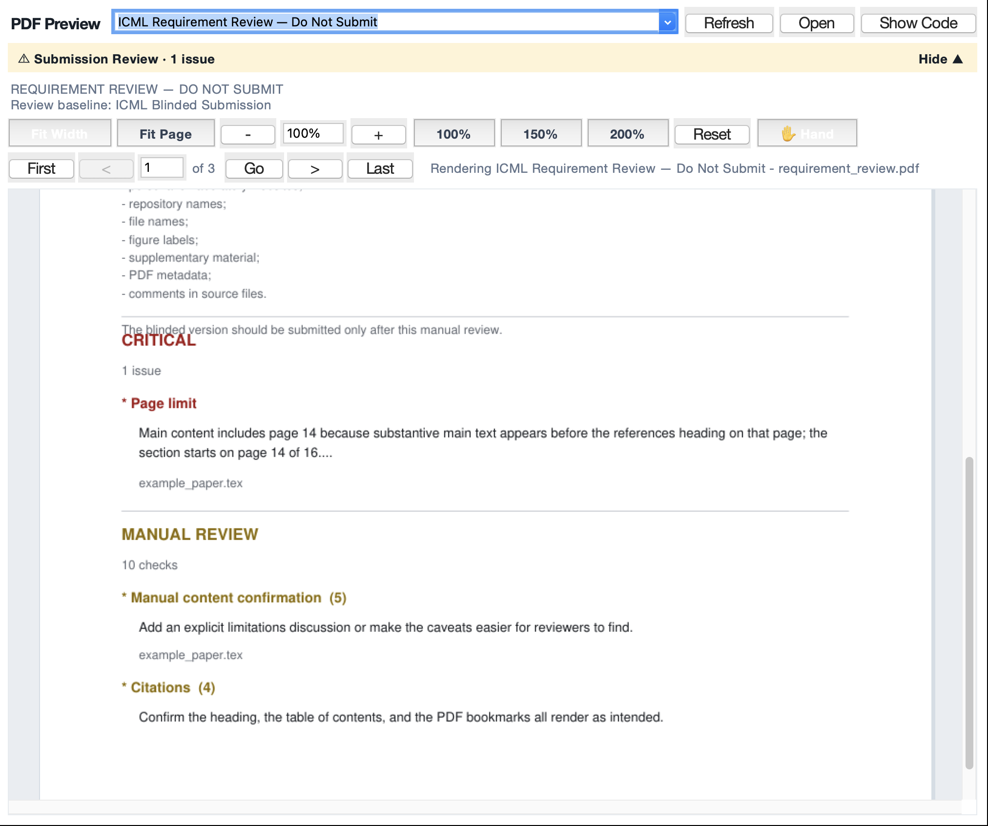 Real Requirement Review preview labeled Do Not Submit, separating a critical page-limit issue from manual content confirmation and citation checks.