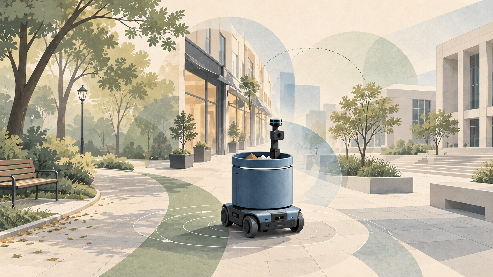 Conceptual illustration of an autonomous service robot in an urban plaza, with overlapping contextual fields; not a deployment photograph.